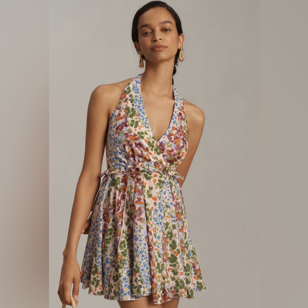 By Anthropologie Halter Mini Dress in Green Floral